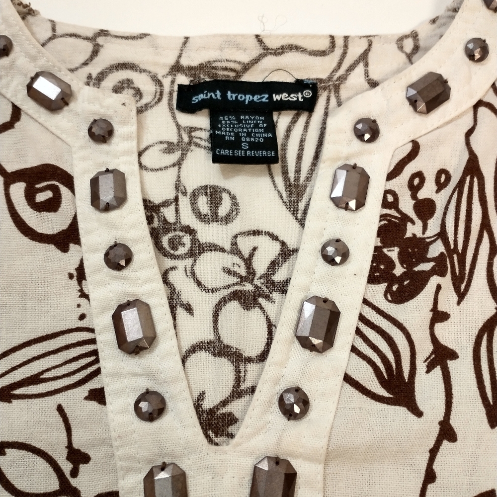 Saint Tropez West Long Sleeve Floral Print Linen Blend Studded Tunic Top Small